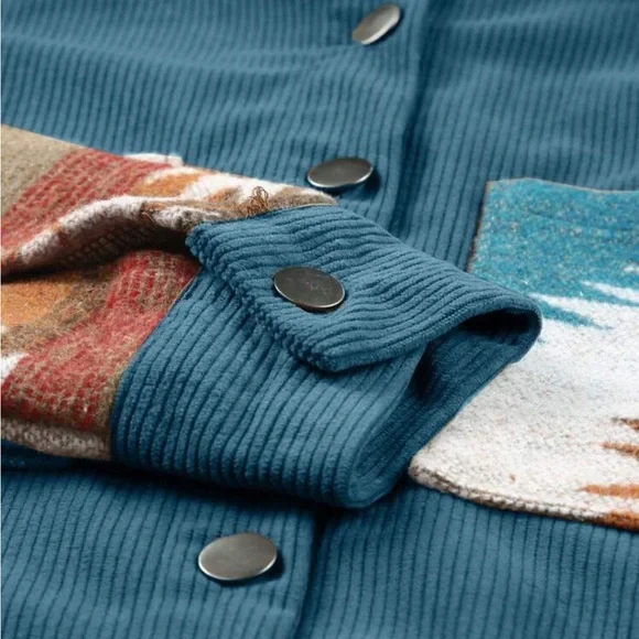 Cozy Boho Oversized Aztec Print Pocket Corduroy Jacket Shacket Button Down Shirt - Picture 6 of 7